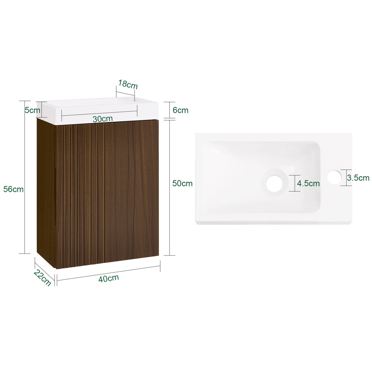 SoBuy BZR196-BR Mască suspendată pentru chiuvetă, din lemn închis la culoare, cu lavoar ceramic, ușă cu închidere soft-close fără mâner, raft, 15 kg – 40x22x56 cm