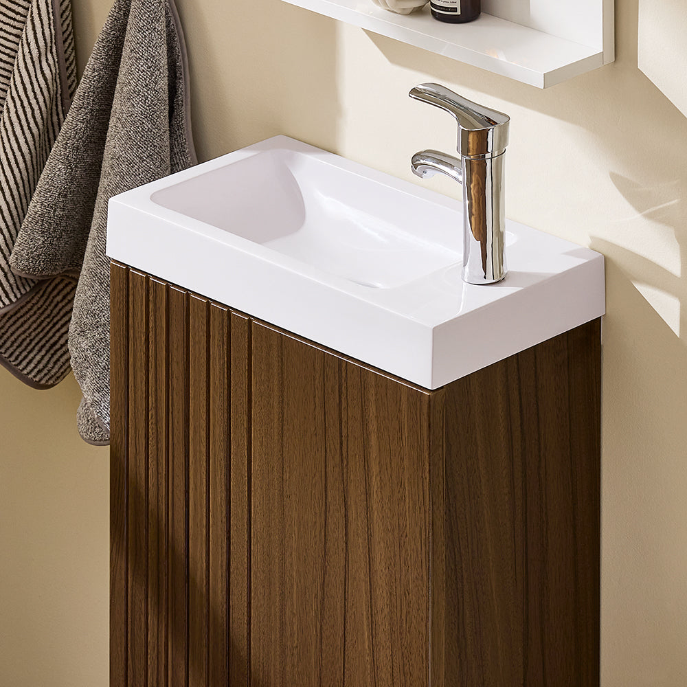 SoBuy BZR196-BR Mască suspendată pentru chiuvetă, din lemn închis la culoare, cu lavoar ceramic, ușă cu închidere soft-close fără mâner, raft, 15 kg – 40x22x56 cm