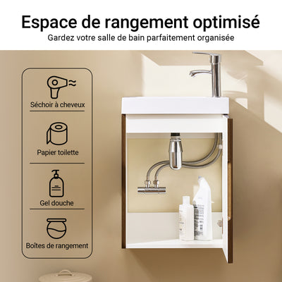 SoBuy BZR196-BR Mască suspendată pentru chiuvetă, din lemn închis la culoare, cu lavoar ceramic, ușă cu închidere soft-close fără mâner, raft, 15 kg – 40x22x56 cm
