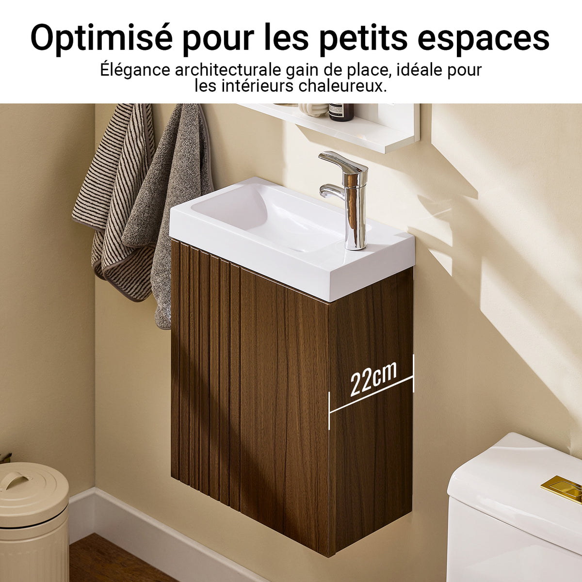 SoBuy BZR196-BR Mască suspendată pentru chiuvetă, din lemn închis la culoare, cu lavoar ceramic, ușă cu închidere soft-close fără mâner, raft, 15 kg – 40x22x56 cm