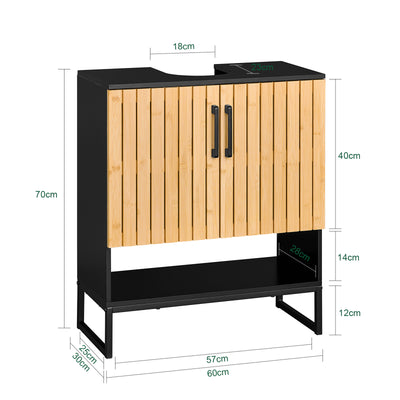 SoBuy BZR202-SCH Dulap sub chiuvetă baie 60 cm, mică unitate de depozitare din bambus și metal, dulap compact sub lavoar pentru toaletă sau baie mică