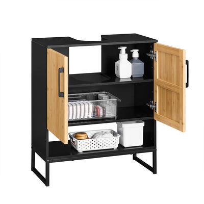 SoBuy BZR202-SCH Dulap sub chiuvetă baie 60 cm, mică unitate de depozitare din bambus și metal, dulap compact sub lavoar pentru toaletă sau baie mică