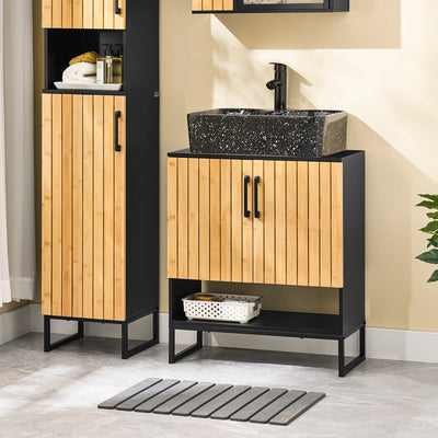 SoBuy BZR202-SCH Dulap sub chiuvetă baie 60 cm, mică unitate de depozitare din bambus și metal, dulap compact sub lavoar pentru toaletă sau baie mică