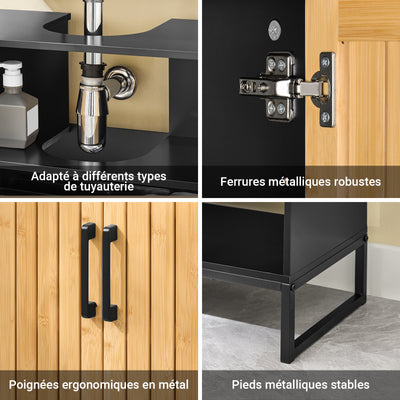 SoBuy BZR202-SCH Dulap sub chiuvetă baie 60 cm, mică unitate de depozitare din bambus și metal, dulap compact sub lavoar pentru toaletă sau baie mică