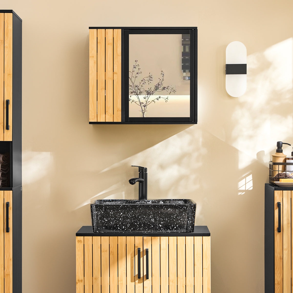 SoBuy BZR204-SCH Armoire Murale Salle de Bain avec Miroir, pour Salle de Bain et WC, Rangement Optimisé, Design Fonctionnel – L50×P20×H45 cm, MDF, Noir