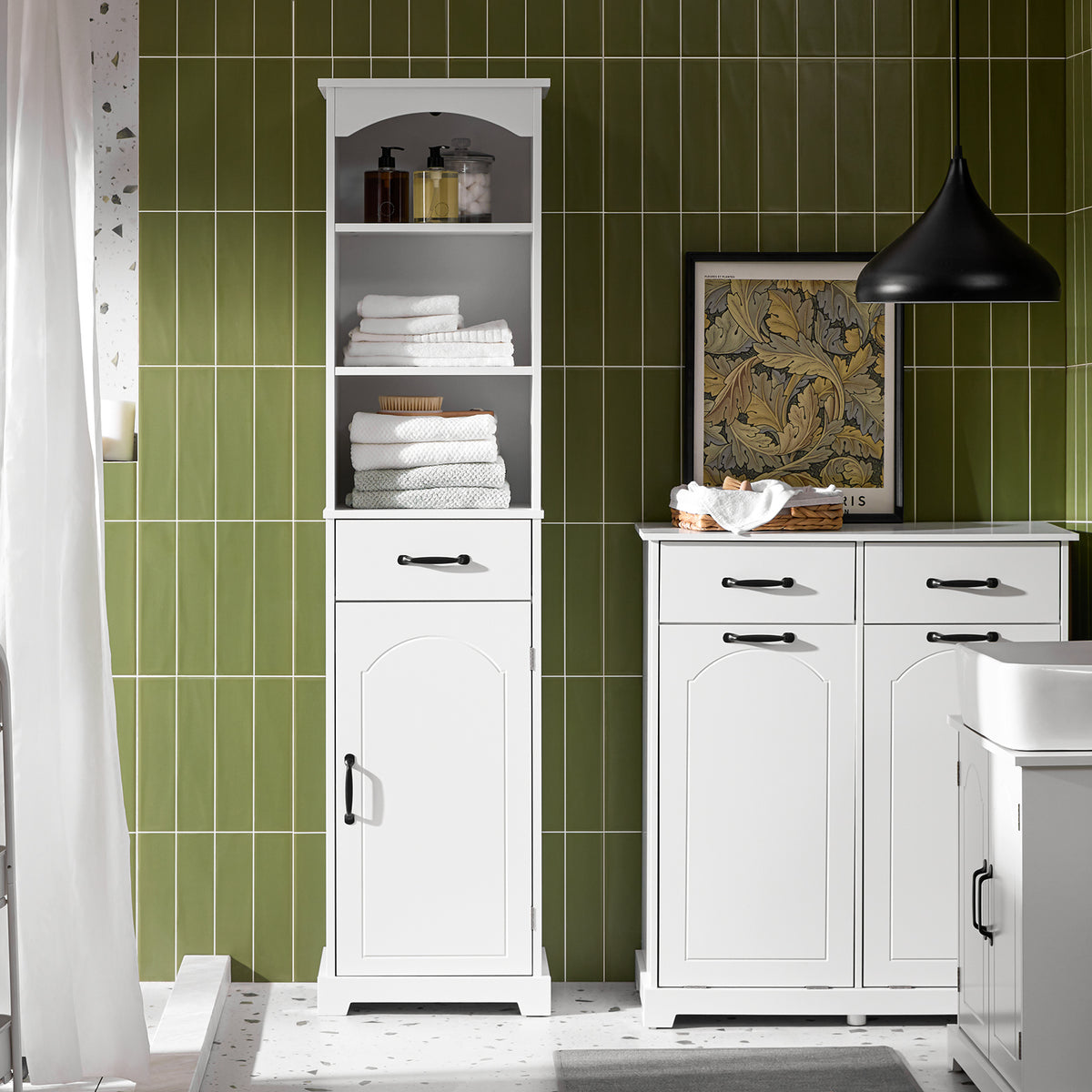 SoBuy BZR206-W Dulap înalt de baie, coloană de depozitare îngustă cu sertar și rafturi reglabile, dulap de baie din lemn, rezistent la umiditate, alb, 42×30×173 cm