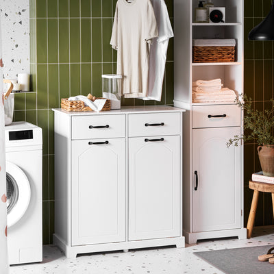 SoBuy BZR208-W Dulap de baie cu coș de rufe – Dulap de baie alb cu 2 coșuri detașabile și sertare, Dulap de depozitare din lemn pentru spălătorie, 79,5x38x90cm
