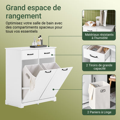 SoBuy BZR208-W Dulap de baie cu coș de rufe – Dulap de baie alb cu 2 coșuri detașabile și sertare, Dulap de depozitare din lemn pentru spălătorie, 79,5x38x90cm