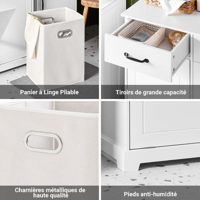 SoBuy BZR208-W Dulap de baie cu coș de rufe – Dulap de baie alb cu 2 coșuri detașabile și sertare, Dulap de depozitare din lemn pentru spălătorie, 79,5x38x90cm