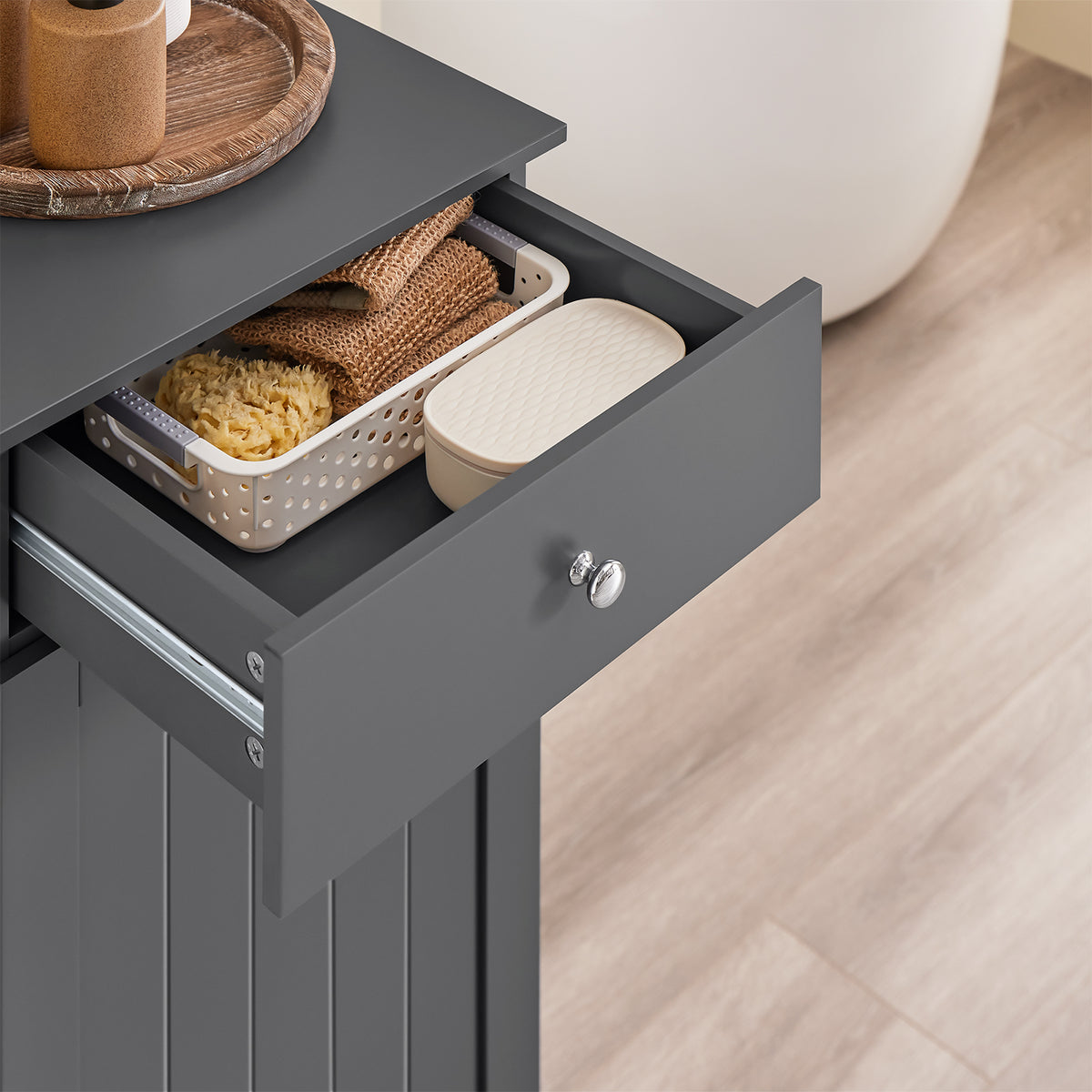 SoBuy BZR21-II-DG Dulap de baie, Dulap de toaletă cu 1 sertar și 1 coș de rufe pliabil, Dulap de depozitare, Coș de rufe, Cutie de rufe, Suport pentru haine, 40x38x90cm, Gri