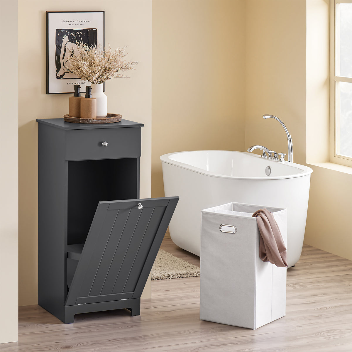 SoBuy BZR21-II-DG Dulap de baie, Dulap de toaletă cu 1 sertar și 1 coș de rufe pliabil, Dulap de depozitare, Coș de rufe, Cutie de rufe, Suport pentru haine, 40x38x90cm, Gri