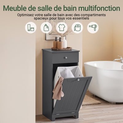 SoBuy BZR21-II-DG Dulap de baie, Dulap de toaletă cu 1 sertar și 1 coș de rufe pliabil, Dulap de depozitare, Coș de rufe, Cutie de rufe, Suport pentru haine, 40x38x90cm, Gri