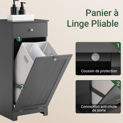 SoBuy BZR21-II-DG Dulap de baie, Dulap de toaletă cu 1 sertar și 1 coș de rufe pliabil, Dulap de depozitare, Coș de rufe, Cutie de rufe, Suport pentru haine, 40x38x90cm, Gri