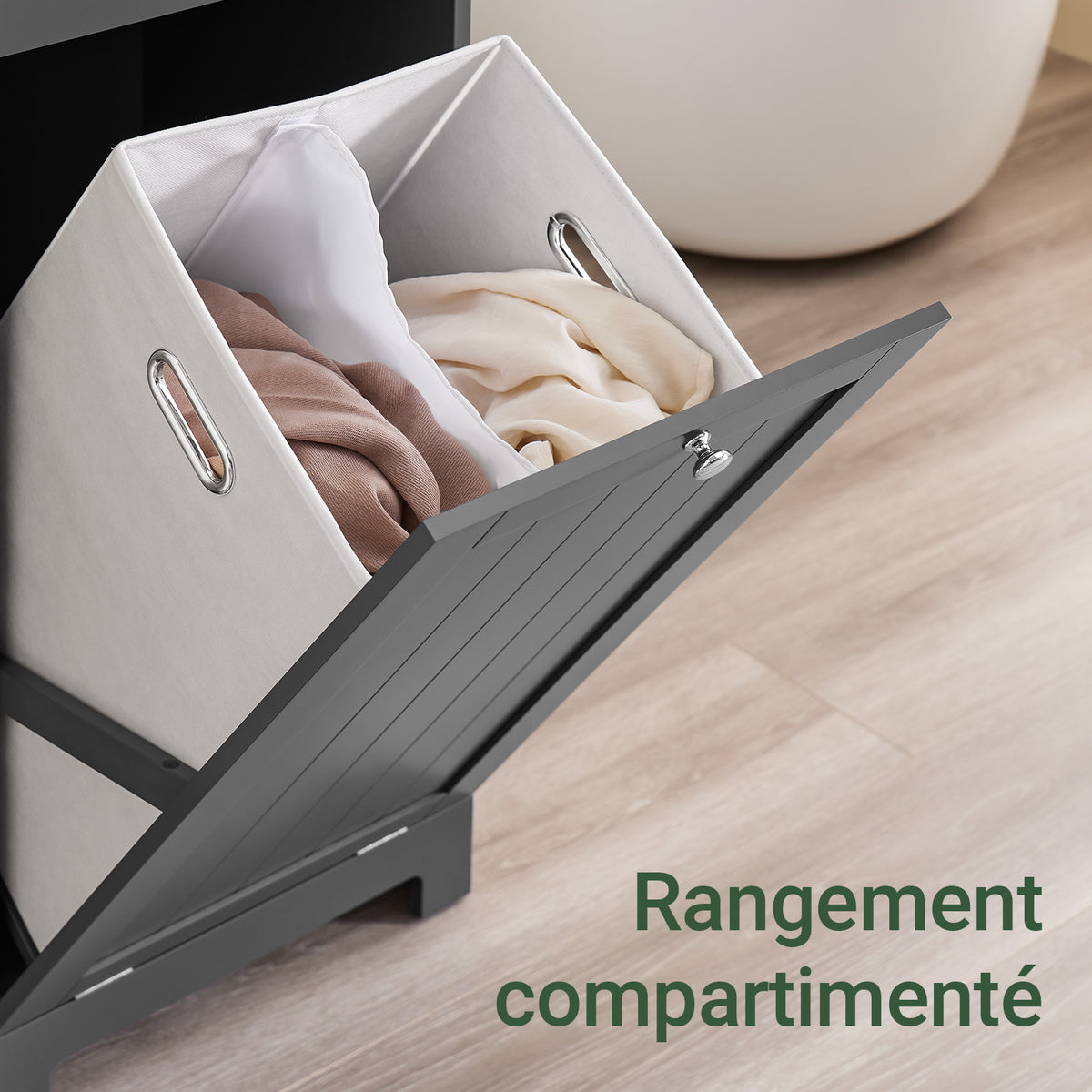 SoBuy BZR21-II-DG Dulap de baie, Dulap de toaletă cu 1 sertar și 1 coș de rufe pliabil, Dulap de depozitare, Coș de rufe, Cutie de rufe, Suport pentru haine, 40x38x90cm, Gri