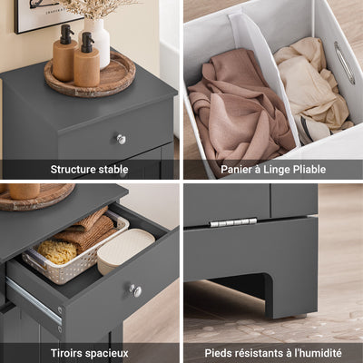 SoBuy BZR21-II-DG Dulap de baie, Dulap de toaletă cu 1 sertar și 1 coș de rufe pliabil, Dulap de depozitare, Coș de rufe, Cutie de rufe, Suport pentru haine, 40x38x90cm, Gri