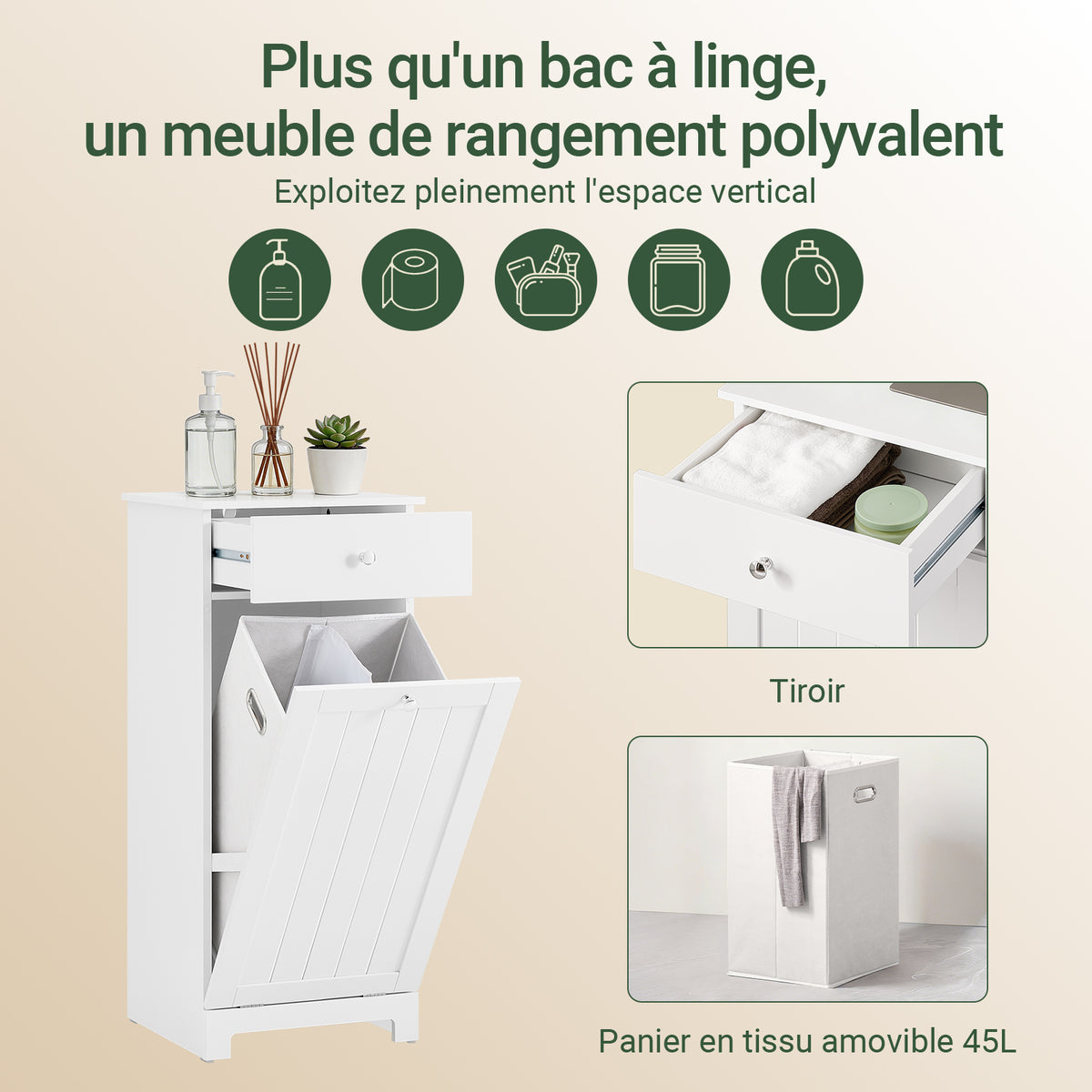 SoBuy BZR21-II-W Dulap de baie, Dulap de toaletă cu 1 sertar și 1 coș de rufe pliabil, Unitate de depozitare, Coș de rufe, Cutie de rufe, Suport pentru haine, 40x38x90cm, Alb