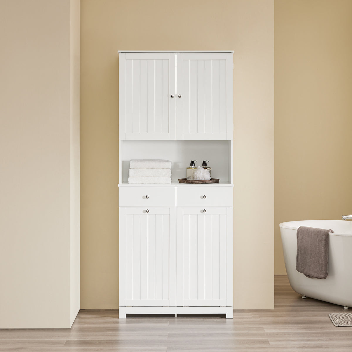 SoBuy BZR215-W Coloană pentru Baie cu 2 Coșuri de Rufe Integrate – Mobilier Salvează Spațiu 181 cm Alb