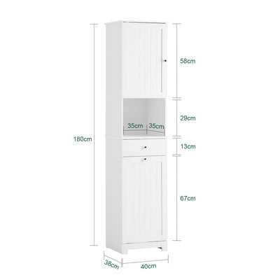 SoBuy BZR216-W Coloană de baie 4 în 1 albă cu coș de rufe de 45L, sertar, raft reglabil și ușă reversibilă, 34 kg – 40x38x180 cm