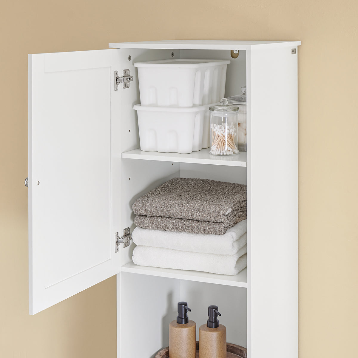 SoBuy BZR216-W Coloană de baie 4 în 1 albă cu coș de rufe de 45L, sertar, raft reglabil și ușă reversibilă, 34 kg – 40x38x180 cm