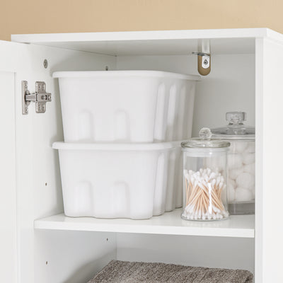 SoBuy BZR216-W Coloană de baie 4 în 1 albă cu coș de rufe de 45L, sertar, raft reglabil și ușă reversibilă, 34 kg – 40x38x180 cm