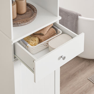 SoBuy BZR216-W Coloană de baie 4 în 1 albă cu coș de rufe de 45L, sertar, raft reglabil și ușă reversibilă, 34 kg – 40x38x180 cm