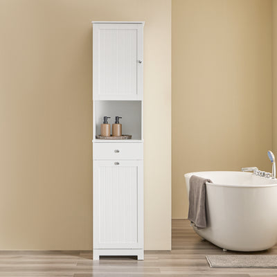 SoBuy BZR216-W Coloană de baie 4 în 1 albă cu coș de rufe de 45L, sertar, raft reglabil și ușă reversibilă, 34 kg – 40x38x180 cm
