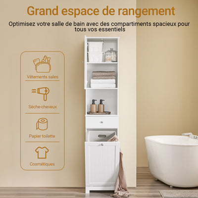 SoBuy BZR216-W Coloană de baie 4 în 1 albă cu coș de rufe de 45L, sertar, raft reglabil și ușă reversibilă, 34 kg – 40x38x180 cm