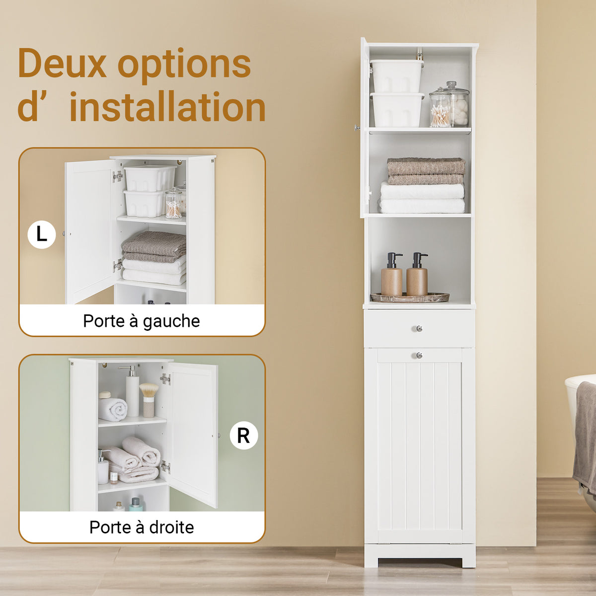 SoBuy BZR216-W Coloană de baie 4 în 1 albă cu coș de rufe de 45L, sertar, raft reglabil și ușă reversibilă, 34 kg – 40x38x180 cm