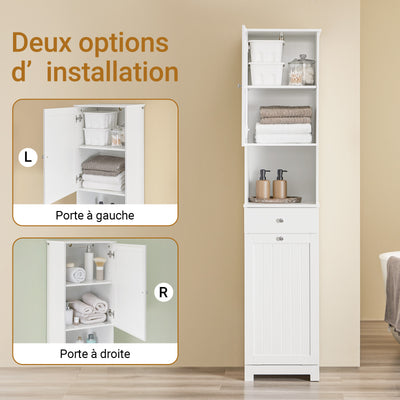 SoBuy BZR216-W Coloană de baie 4 în 1 albă cu coș de rufe de 45L, sertar, raft reglabil și ușă reversibilă, 34 kg – 40x38x180 cm
