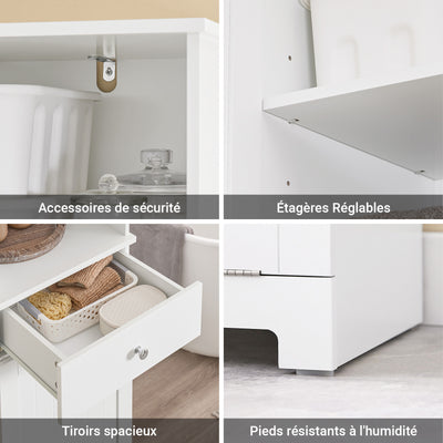 SoBuy BZR216-W Coloană de baie 4 în 1 albă cu coș de rufe de 45L, sertar, raft reglabil și ușă reversibilă, 34 kg – 40x38x180 cm