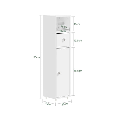 SoBuy BZR219-W Dulap de baie 20 x 20 cm, Dulap îngust pentru toaletă cu suport pentru hârtie igienică și ușă reversibilă, Depozitare compactă pentru toaletă cu sertar și raft reglabil