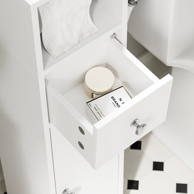 SoBuy BZR219-W Dulap de baie 20 x 20 cm, Dulap îngust pentru toaletă cu suport pentru hârtie igienică și ușă reversibilă, Depozitare compactă pentru toaletă cu sertar și raft reglabil
