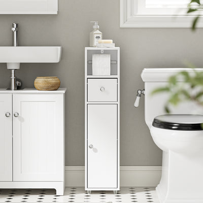 SoBuy BZR219-W Dulap de baie 20 x 20 cm, Dulap îngust pentru toaletă cu suport pentru hârtie igienică și ușă reversibilă, Depozitare compactă pentru toaletă cu sertar și raft reglabil