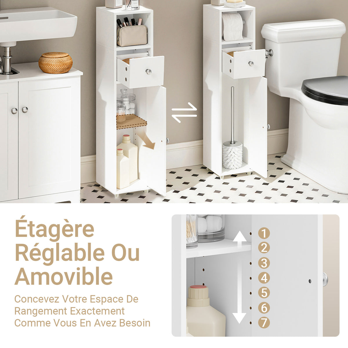 SoBuy BZR219-W Dulap de baie 20 x 20 cm, Dulap îngust pentru toaletă cu suport pentru hârtie igienică și ușă reversibilă, Depozitare compactă pentru toaletă cu sertar și raft reglabil