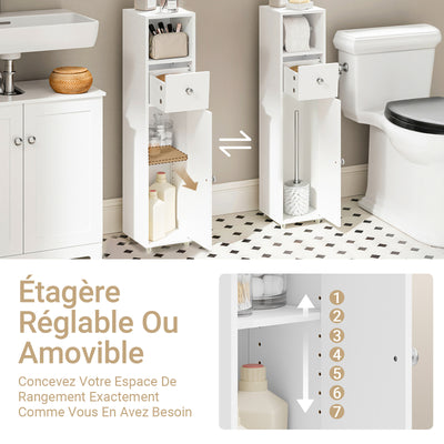 SoBuy BZR219-W Dulap de baie 20 x 20 cm, Dulap îngust pentru toaletă cu suport pentru hârtie igienică și ușă reversibilă, Depozitare compactă pentru toaletă cu sertar și raft reglabil