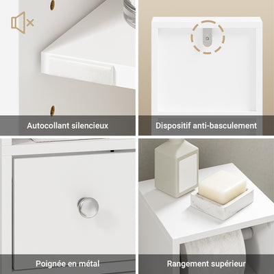 SoBuy BZR219-W Dulap de baie 20 x 20 cm, Dulap îngust pentru toaletă cu suport pentru hârtie igienică și ușă reversibilă, Depozitare compactă pentru toaletă cu sertar și raft reglabil