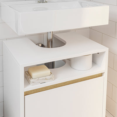 SoBuy BZR196-BR Mască suspendată pentru chiuvetă, din lemn închis la culoare, cu lavoar ceramic, ușă cu închidere soft-close fără mâner, raft, 15 kg – 40x22x56 cm