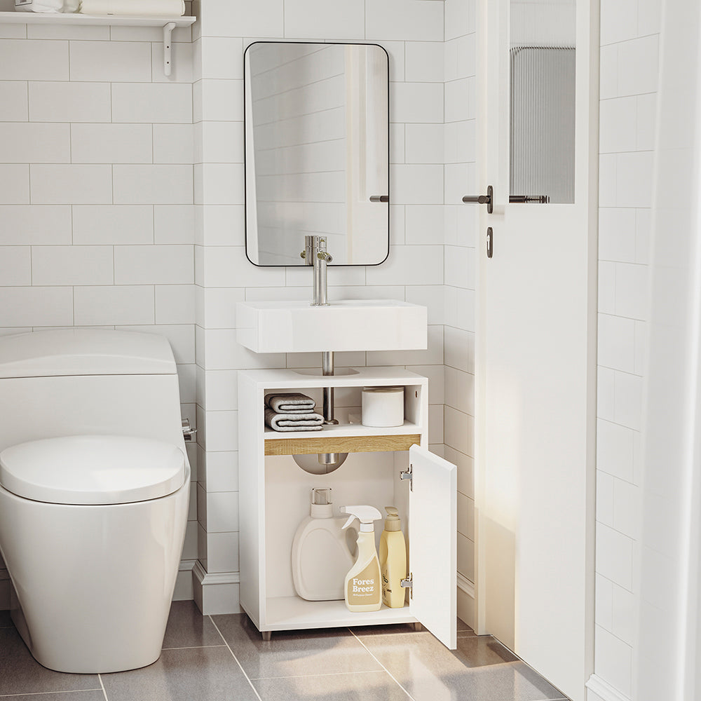SoBuy BZR196-BR Mască suspendată pentru chiuvetă, din lemn închis la culoare, cu lavoar ceramic, ușă cu închidere soft-close fără mâner, raft, 15 kg – 40x22x56 cm