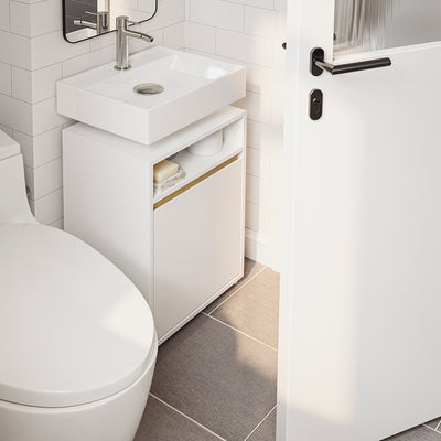 SoBuy BZR196-BR Mască suspendată pentru chiuvetă, din lemn închis la culoare, cu lavoar ceramic, ușă cu închidere soft-close fără mâner, raft, 15 kg – 40x22x56 cm