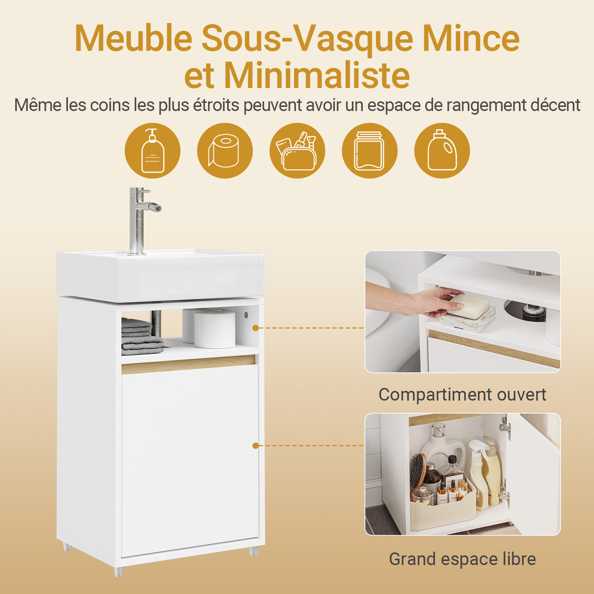 SoBuy BZR196-BR Mască suspendată pentru chiuvetă, din lemn închis la culoare, cu lavoar ceramic, ușă cu închidere soft-close fără mâner, raft, 15 kg – 40x22x56 cm