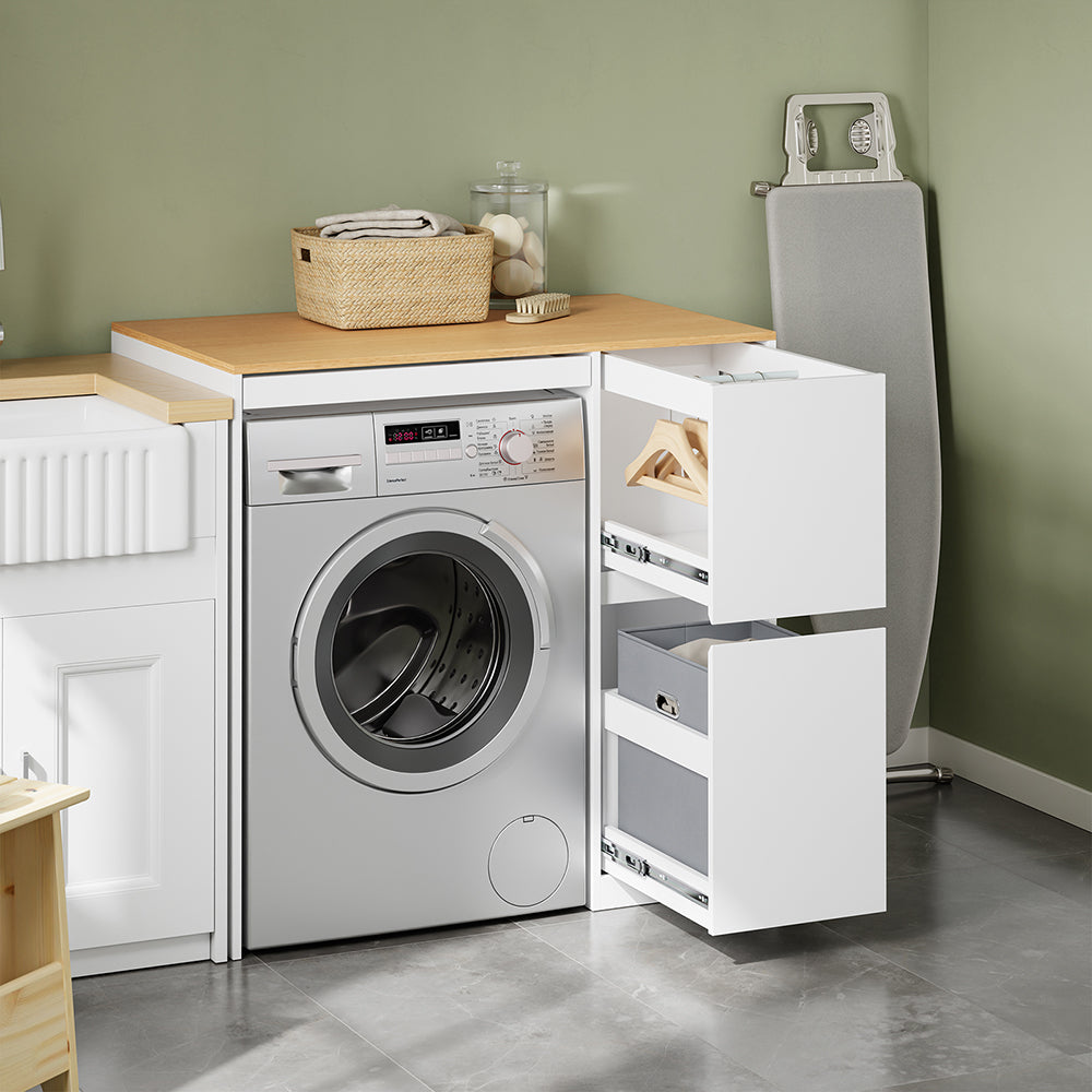 SoBuy BZR223-WN Meuble au-dessus du Lave-Linge 100×60×95 cm – Étendoir Coulissant, Panier à Linge, Sans Panneau Arrière, Blanc et Naturel
