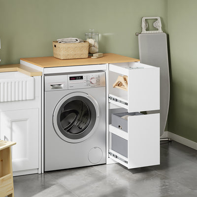 SoBuy BZR223-WN Meuble au-dessus du Lave-Linge 100×60×95 cm – Étendoir Coulissant, Panier à Linge, Sans Panneau Arrière, Blanc et Naturel