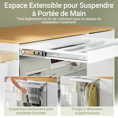 SoBuy BZR223-WN Meuble au-dessus du Lave-Linge 100×60×95 cm – Étendoir Coulissant, Panier à Linge, Sans Panneau Arrière, Blanc et Naturel