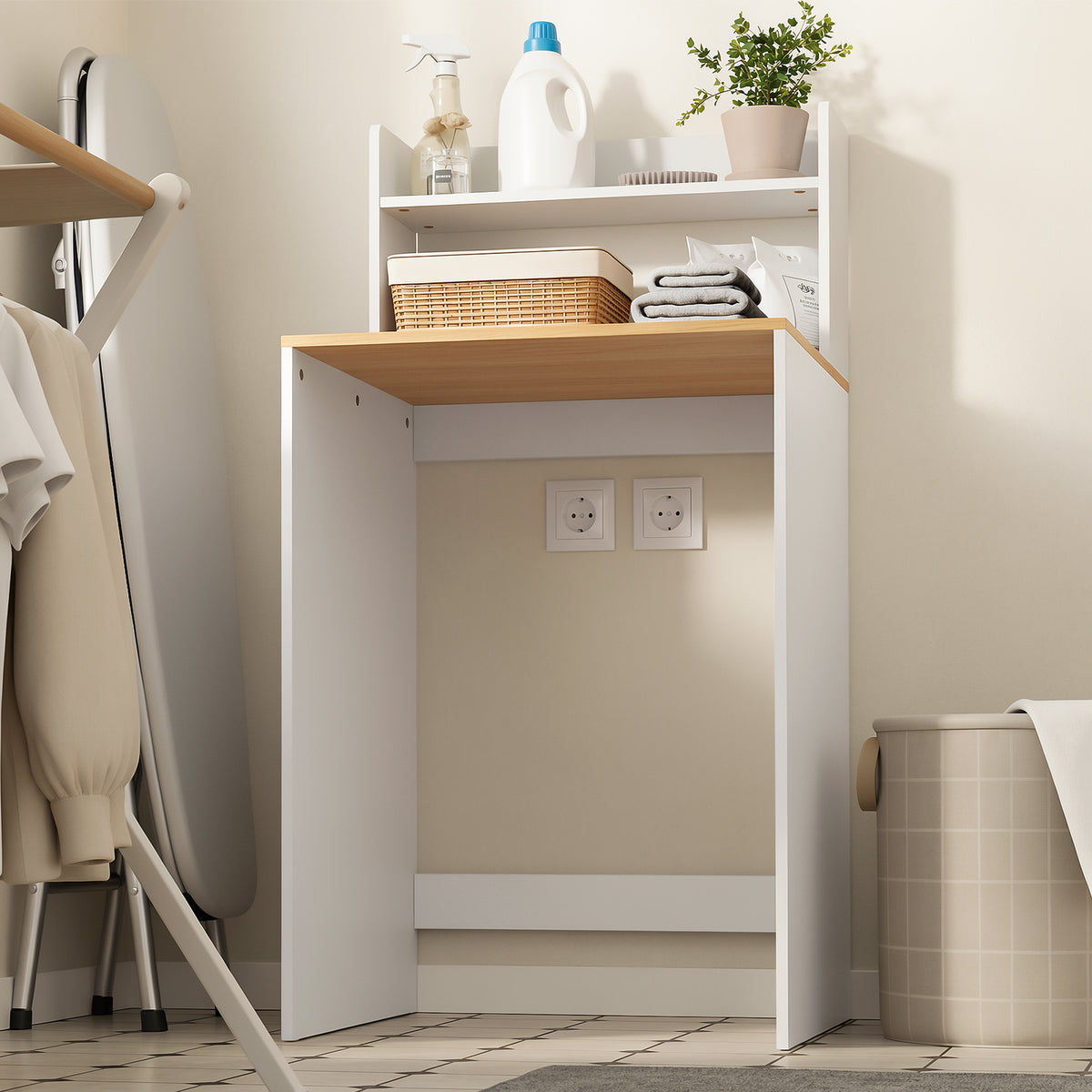 SoBuy BZR224-WN Meuble au-dessus du Lave-Linge 66×60×127 cm – Plan de Travail + Étagère avec Garde-Corps, Sans Panneau Arrière, Blanc et Naturel
