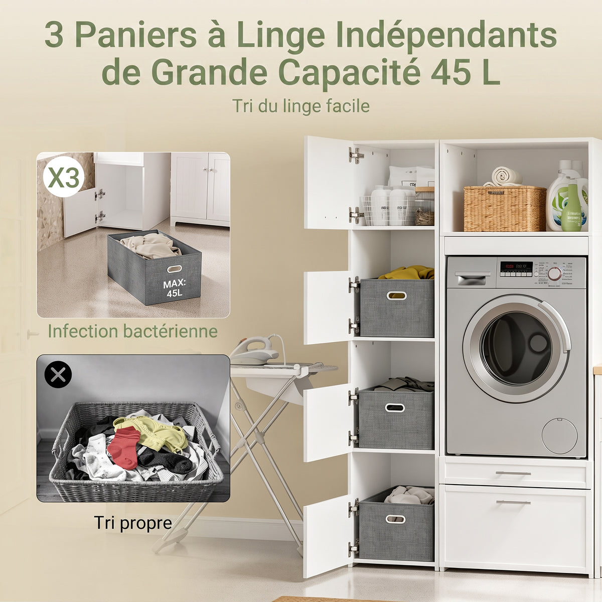 SoBuy BZR232-W Armoire de Rangement 4 Portes pour Buanderie – Compartiments Ouverts et Étagères – 60×40×186,4 cm, Blanc