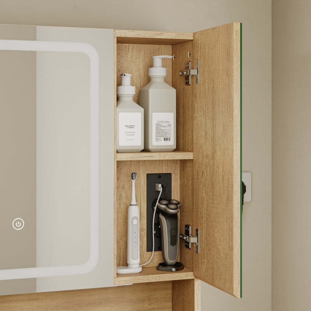 SoBuy BZR238-E-N Armoire Miroir Murale Salle de Bain avec Éclairage LED et Prises Intégrées – 2 Portes Miroir, Rangement Ouvert et 3 Étagères, Chêne Clair Scandinave – 60×17×70 cm, Charge 30 kg