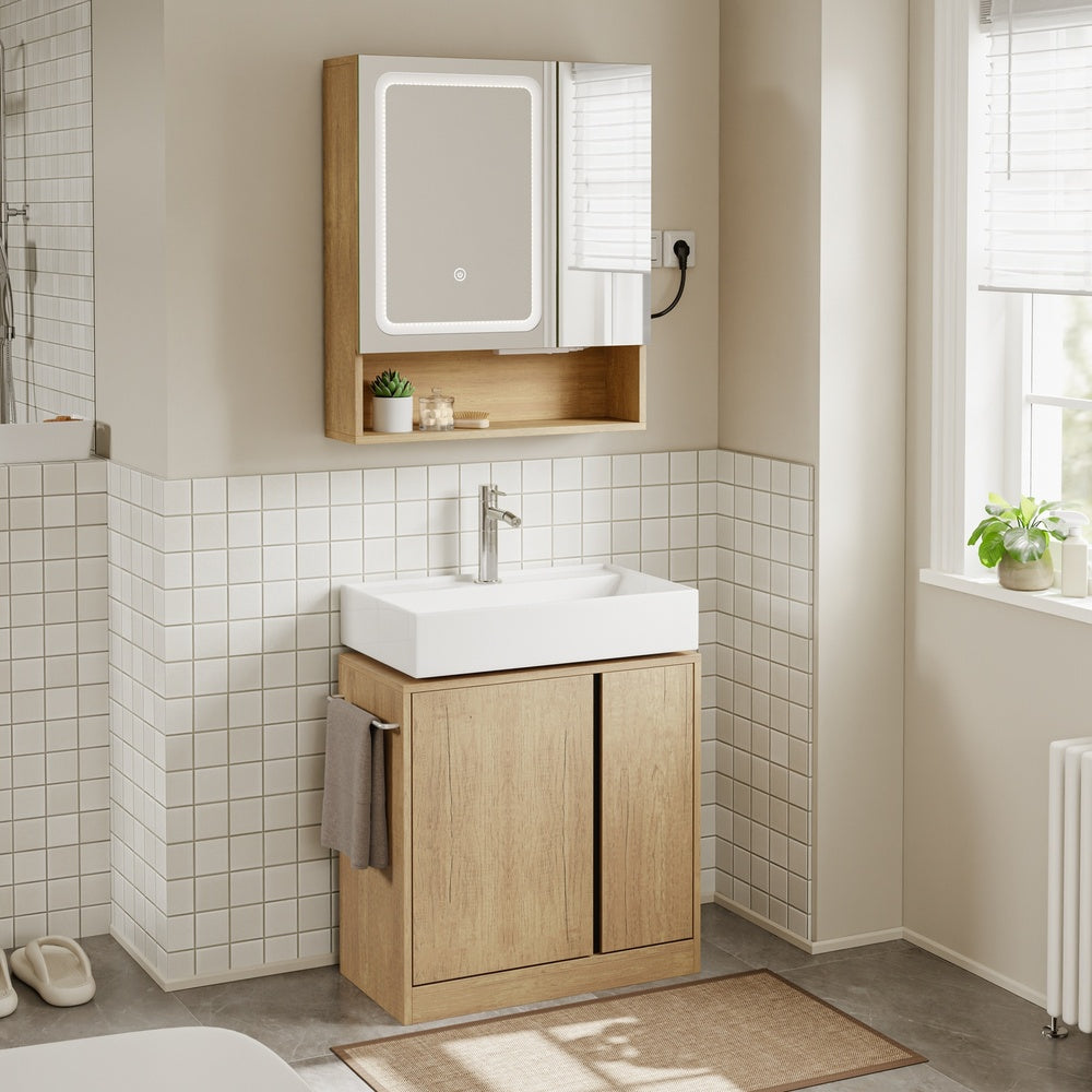 SoBuy BZR238-E-N Armoire Miroir Murale Salle de Bain avec Éclairage LED et Prises Intégrées – 2 Portes Miroir, Rangement Ouvert et 3 Étagères, Chêne Clair Scandinave – 60×17×70 cm, Charge 30 kg