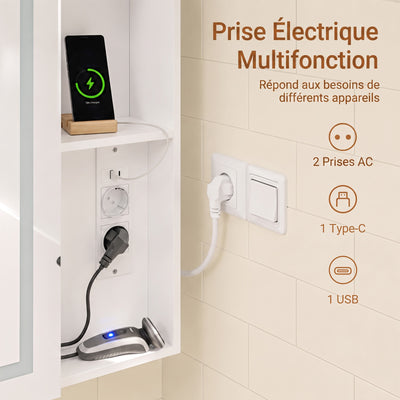 SoBuy BZR239-E-W Armoire Miroir de Salle de Bain avec LED et Prises – Meuble Mural, Étagères – 60×15,5×60 cm, Blanc