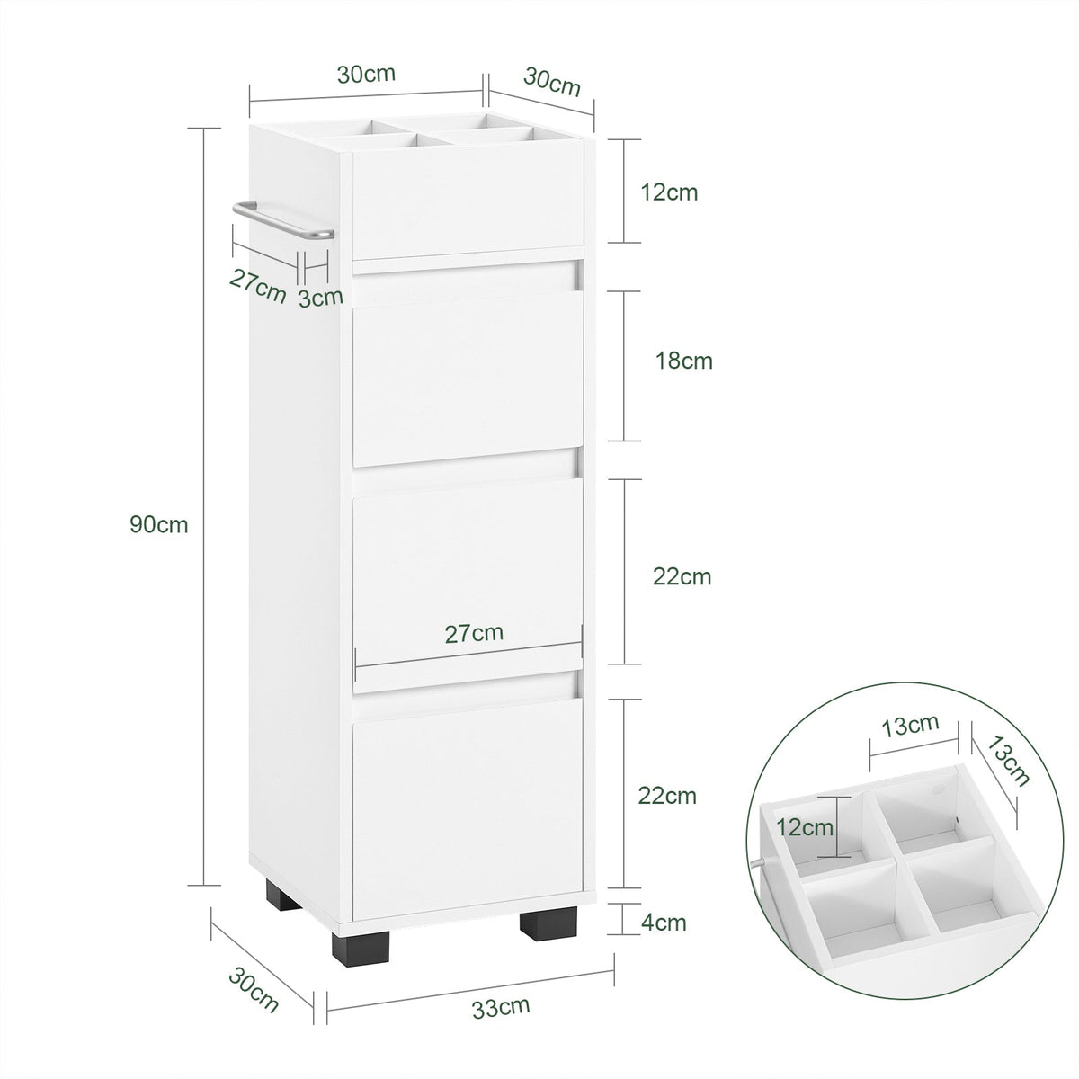 SoBuy BZR29-W Meuble Salle de Bain Petit Espace 30 cm – 3 Tiroirs et Porte-Serviettes Réversible, Blanc