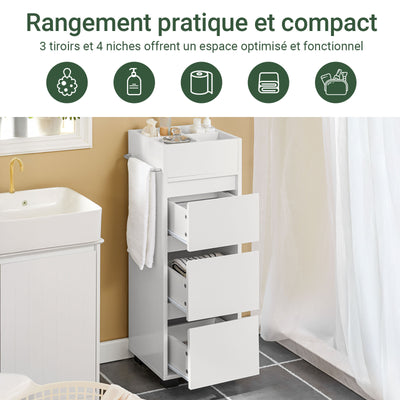 SoBuy BZR29-W Meuble Salle de Bain Petit Espace 30 cm – 3 Tiroirs et Porte-Serviettes Réversible, Blanc